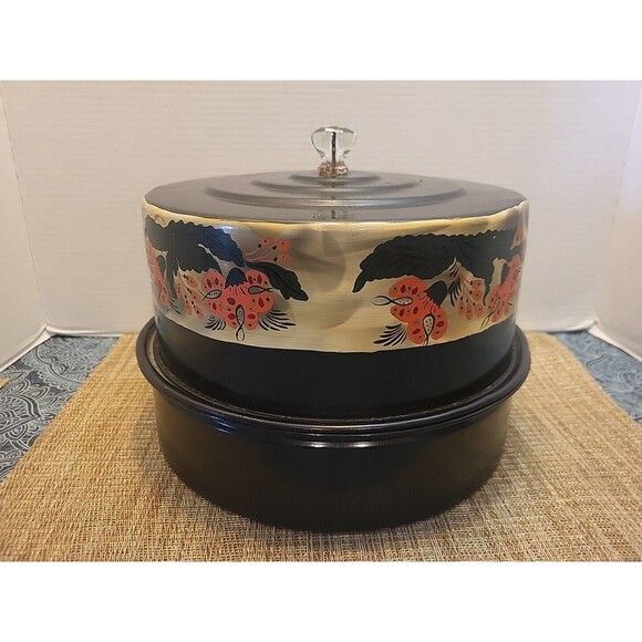 Vintage Metal Tin Carlton Cake Pie Holder Carrier Black with Floral MCM